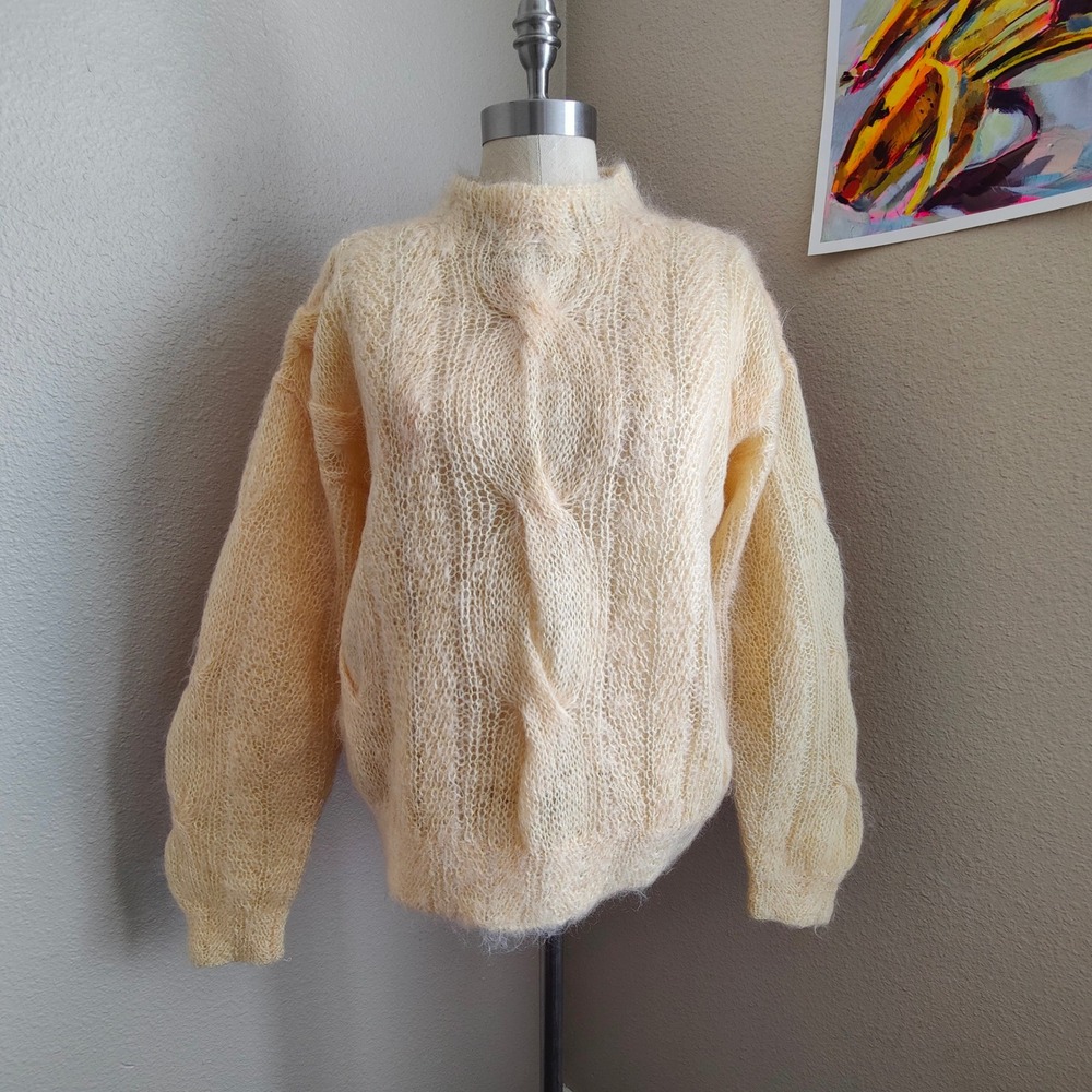 Vintage‎ Talbots Mohair Blend Cable Knit Sweater Cream Soft Fuzzy Mock Neck M